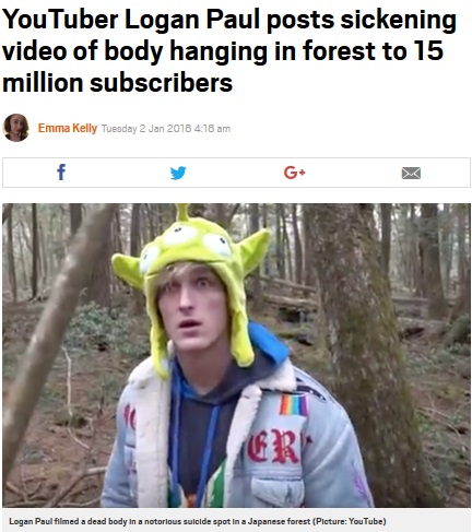 青木ヶ原樹海で偶然遺体を発見したYouTuberだが…（画像は『Metro　2018年1月2日付「YouTuber Logan Paul posts sickening video of dead body in forest to 15 million subscribers」（Picture: YouTube）』のスクリーンショット）