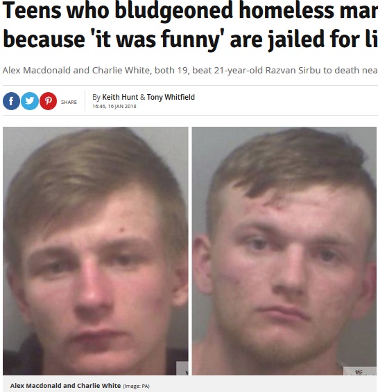 ホームレス男性を殺害した10代2人組（画像は『Daily Record　2018年1月16日付「Teens who bludgeoned homeless man to death because ‘it was funny’ are jailed for life」（Image: PA）』のスクリーンショット）