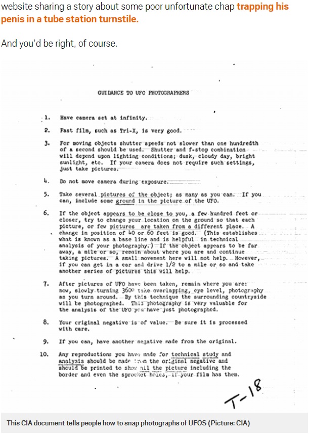 CIAが公開している「UFOを撮影する人への手引き」（画像は『Metro　2018年1月3日付「The CIA told alien hunters how to take photographs of UFOs， documents reveal」（Picture: CIA）』のスクリーンショット）