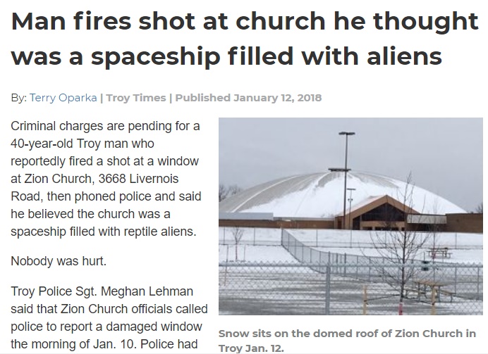 教会のドーム型屋根をUFOと勘違い（画像は『C＆G Newspapers　2018年1月12日付「Man fires shot at church he thought was a spaceship filled with aliens」（Photo by Terry Oparka）』のスクリーンショット）