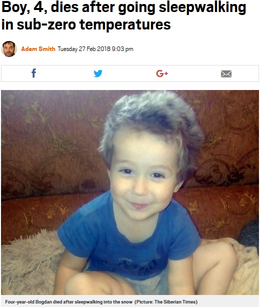 夢遊病の4歳児、マイナス20度の屋外に出て凍死（画像は『Metro　2018年2月27日付「Boy, 4, dies after going sleepwalking in sub-zero temperatures」（Picture: The Siberian Times）』のスクリーンショット）