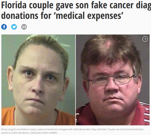 「13歳の息子の医療費を…」寄付を募る詐欺行為を働いた夫婦（画像は『NY Daily News　2018年2月3日付「Florida couple gave son fake cancer diagnosis to solicit donations for ‘medical expenses’」（OKALOOSA COUNTY SHERIFF）』のスクリーンショット）