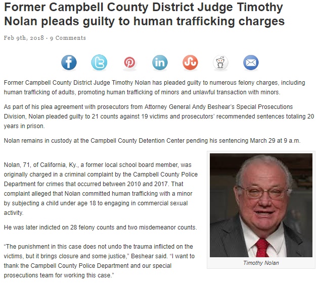 地方裁判所の判事が性犯罪で服役へ（画像は『NKyTribune　2018年2月9日付「Former Campbell County District Judge Timothy Nolan pleads guilty to human trafficking charges」』のスクリーンショット）