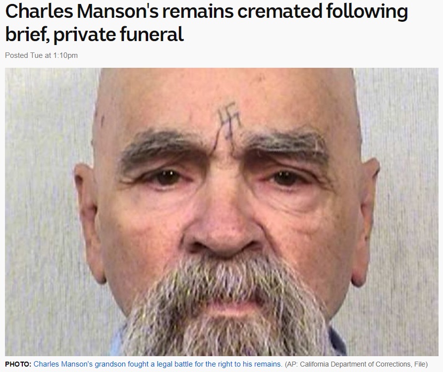 マンソンの“最後の会話”も話題に（画像は『ABC　2018年3月20日付「Charles Manson’s remains cremated following brief, private funeral」（AP: California Department of Corrections, File）』のスクリーンショット）