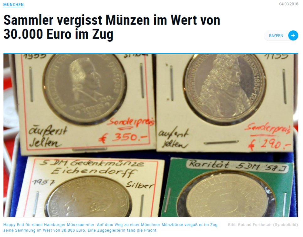 電車内に忘れ去られた3万ユーロ分の硬貨、無事所有者の手元に（画像は『Augsburger Allgemeine　2018年3月4日付「Sammler vergisst Münzen im Wert von 30.000 Euro im Zug」（Bild: Roland Furthmair/Symbolbild）』のスクリーンショット）