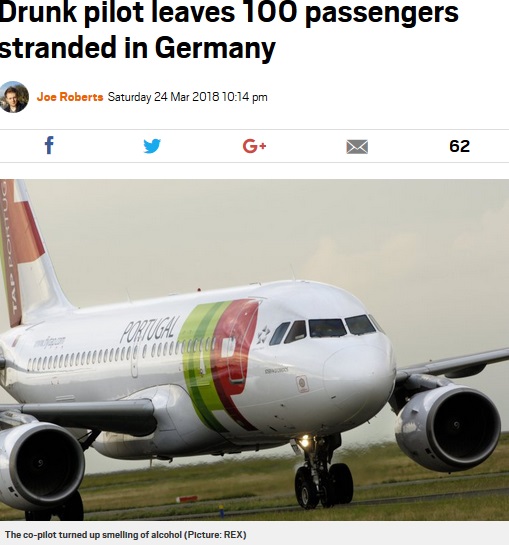 泥酔した副操縦士のせいで乗客が立ち往生（画像は『Metro　2018年3月24日付「Drunk pilot leaves 100 passengers stranded in Germany」（Picture: REX）』のスクリーンショット）