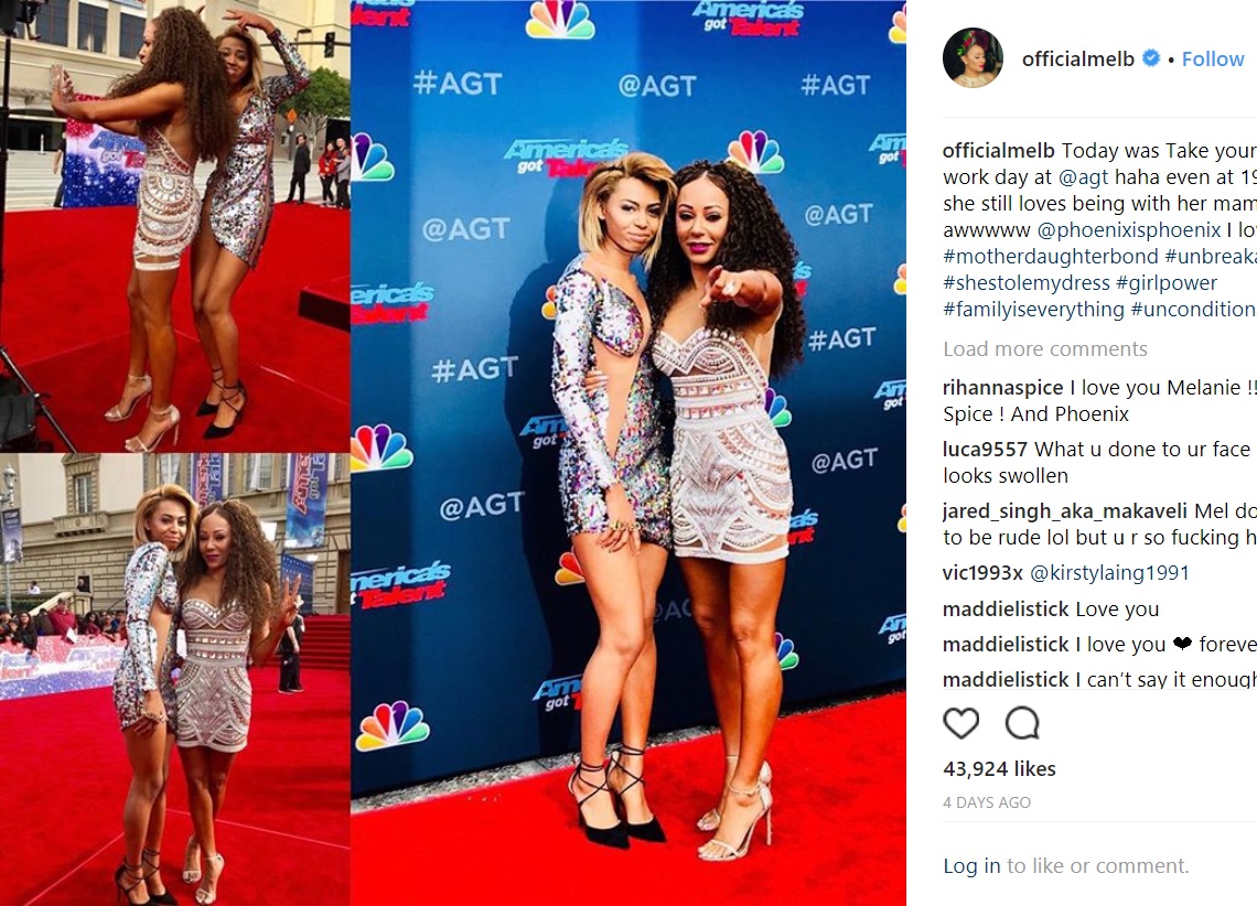 娘フェニックスさんとメラニー・ブラウン（画像は『Mel B　2018年3月13日付Instagram「Today was Take your kid to work day at ＠agt haha even at 19 years old she still loves being with her mama awwwww」』のスクリーンショット）