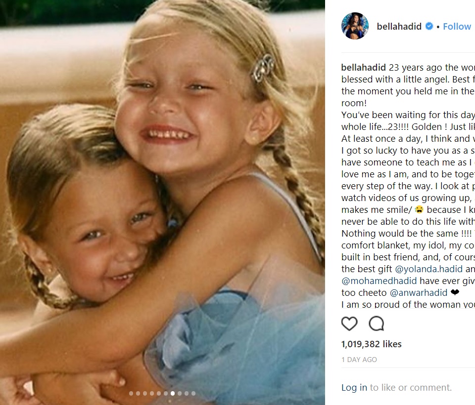 “スローバックフォト（懐かしの写真）”を添えてジジを祝福（画像は『bellahadid　2018年4月23日付Instagram「23 years ago the world was blessed with a little angel.」』のスクリーンショット）