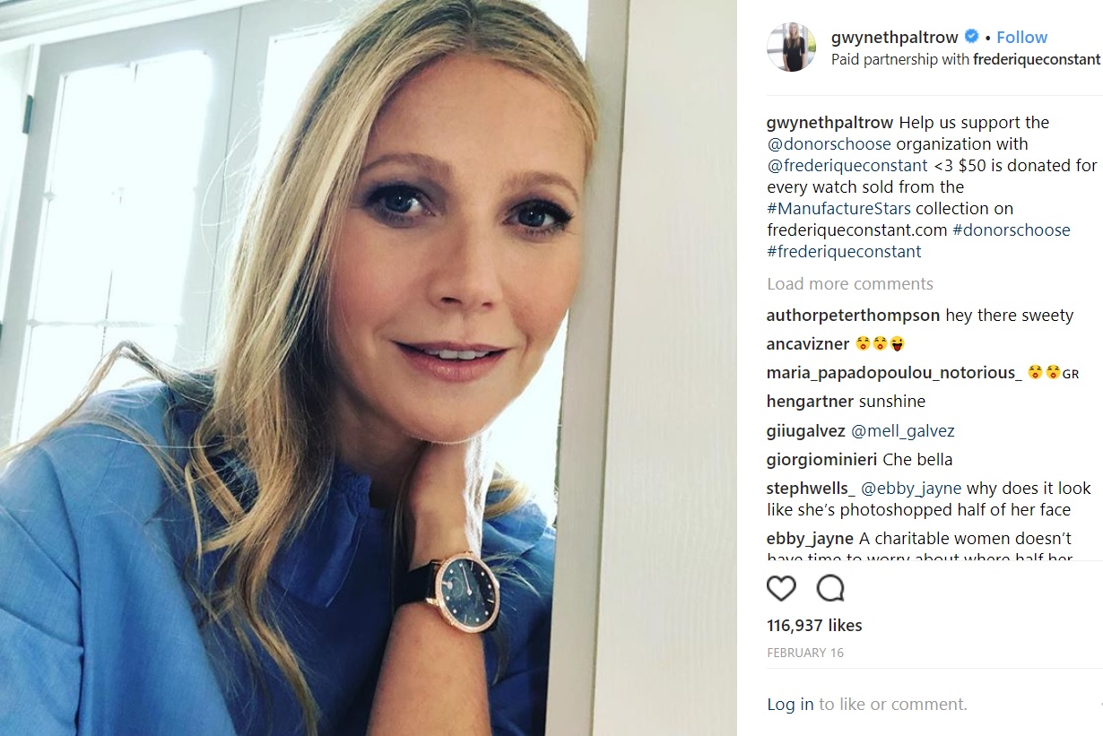 再び人妻になるグウィネス、その前に親友とメキシコへ（画像は『Gwyneth Paltrow　2018年2月16日付Instagram「Help us support the ＠donorschoose organization with ＠frederiqueconstant」』のスクリーンショット）