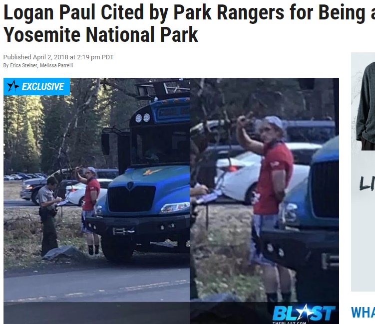 人は簡単には変われないもの…!?（画像は『The Blast　2018年4月2日付「Logan Paul Cited by Park Rangers for Being a D-Bag in Yosemite National Park」（Instagram）』のスクリーンショット）