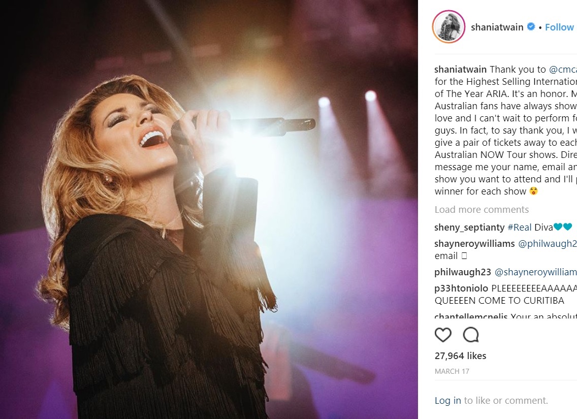 ライム病との闘病を告白したシャナイア・トゥエイン（画像は『Shania Twain　2018年3月17日付Instagram「Thank you to ＠cmcaustralia for the Highest Selling International Album of The Year ARIA.」』のスクリーンショット）