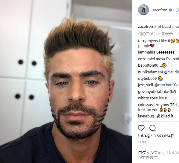 頬のヒゲにザック・エフロンなりの美学（画像は『Zac Efron　2018年3月30日付Instagram「＃fbf beast mode.」』のスクリーンショット）