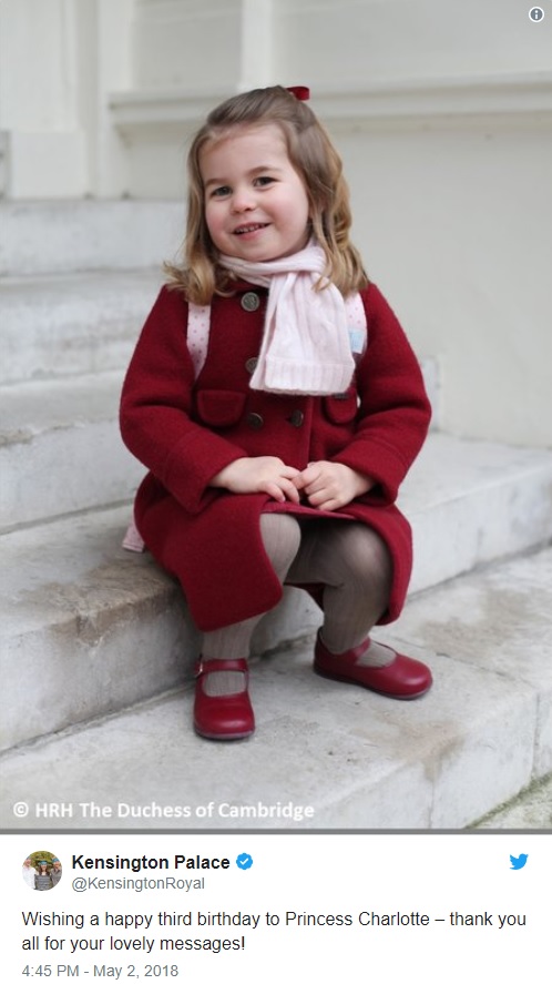 しっかり者のお姉ちゃん、シャーロット王女が3歳に（画像は『Kensington Palace　2018年5月2日付Twitter「Wishing a happy third birthday to Princess Charlotte」』のスクリーンショット）