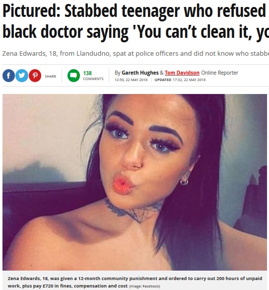 黒人医師に差別発言した女（画像は『Mirror　2018年5月22日付「Pictured: Stabbed teenager who refused to be treated by black doctor saying ‘You can’t clean it, you’re dirty’」（Image: Facebook）』のスクリーンショット）