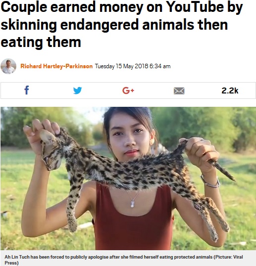 絶滅に瀕した動物たちを殺して食べた女（画像は『Metro　2018年5月15日付「Couple earned money on YouTube by skinning endangered animals then eating them」（Picture: Viral Press）』のスクリーンショット）