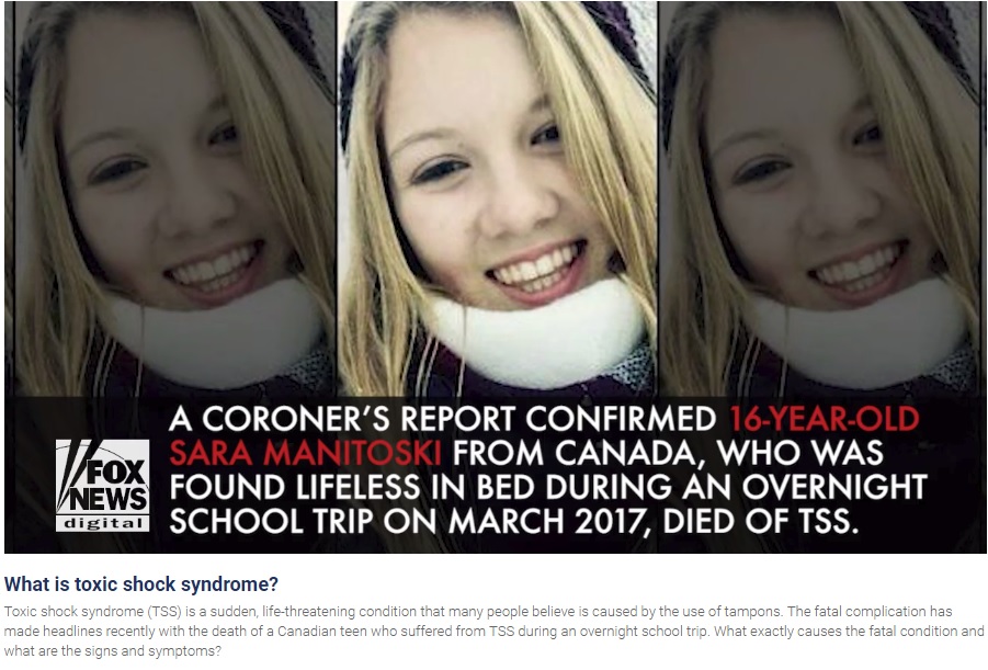 タンポンの長時間使用で亡くなった16歳少女（画像は『Fox News　2018年6月28日付「Teen who died on overnight school trip suffered from toxic shock syndrome, coroner says」』のスクリーンショット）