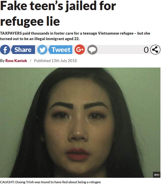ベトナム国籍の22歳女、嘘がばれて懲役刑に（画像は『Daily Star　2018年7月13日付「Fake teen’s jailed for refugee lie 」（BPM）』のスクリーンショット）