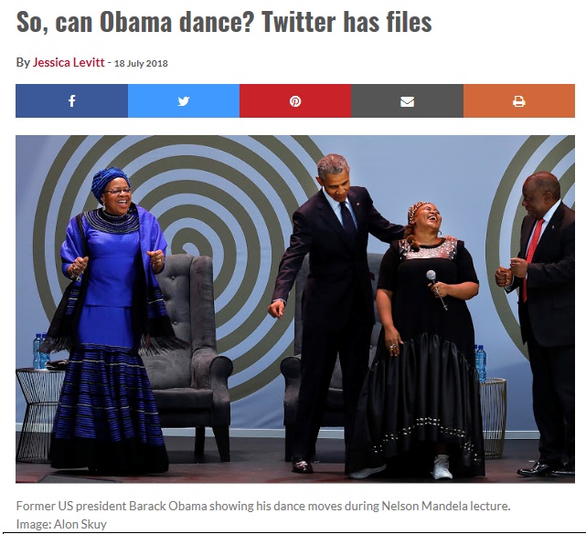 オバマ元米大統領、ダンスはイマイチ？（画像は『DispatchLIVE　2018年7月18日付「So‚ can Obama dance? Twitter has files」（Image: Alon Skuy）』のスクリーンショット）