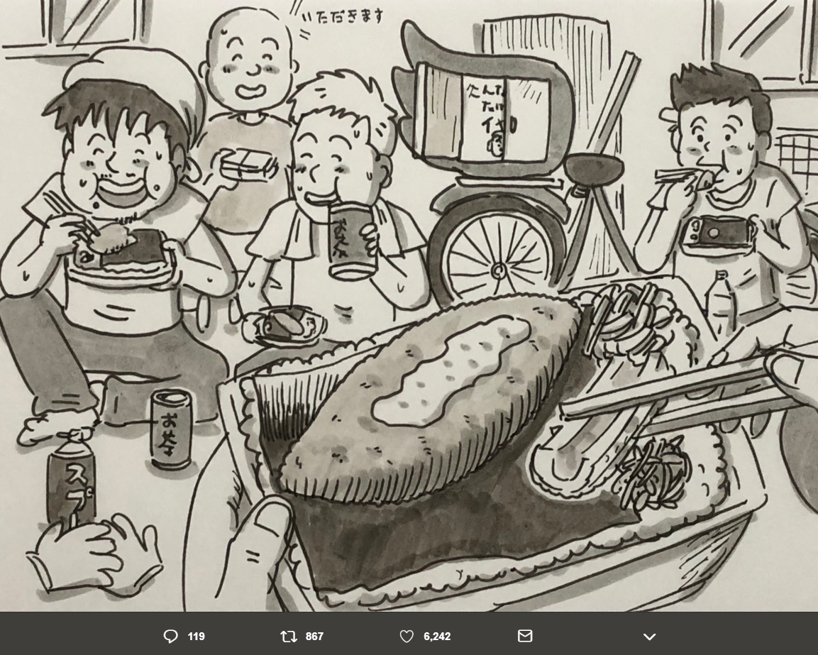 鉄拳が投稿したイラストに「私ものり弁食べたくなってきました」の声（画像は『鉄拳　2018年9月20日付Twitter「芸人を始めた頃TVに出る機会があり、劇団員の友達が小道具作りを手伝ってくれたのですが、当時はまだギャラも安くお金も無かったので、お礼はほっか弁の、のり弁当だったのですが皆んなめっちゃ喜んでくれて、楽しく食べた思い出があります」』のスクリーンショット）