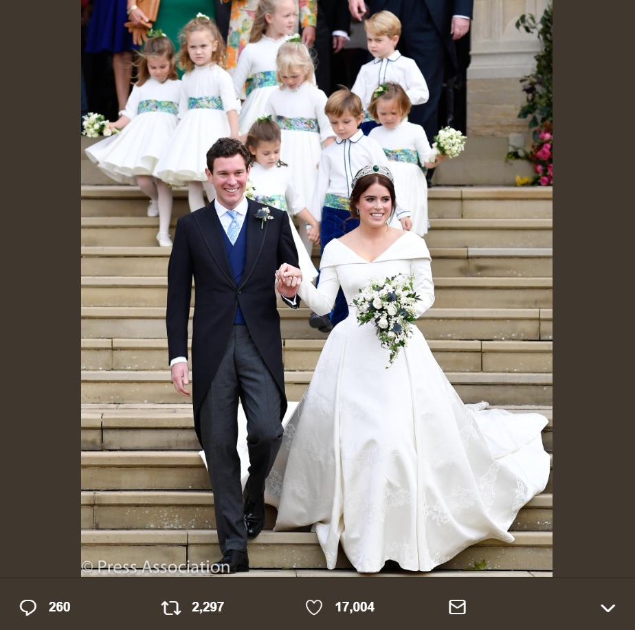ジャック氏とユージェニー王女に祝福メッセージが続々（画像は『Kensington Palace　2018年10月12日付Twitter「Congratulations to the newly married Princess Eugenie and Jack Brooksbank!」』のスクリーンショット）