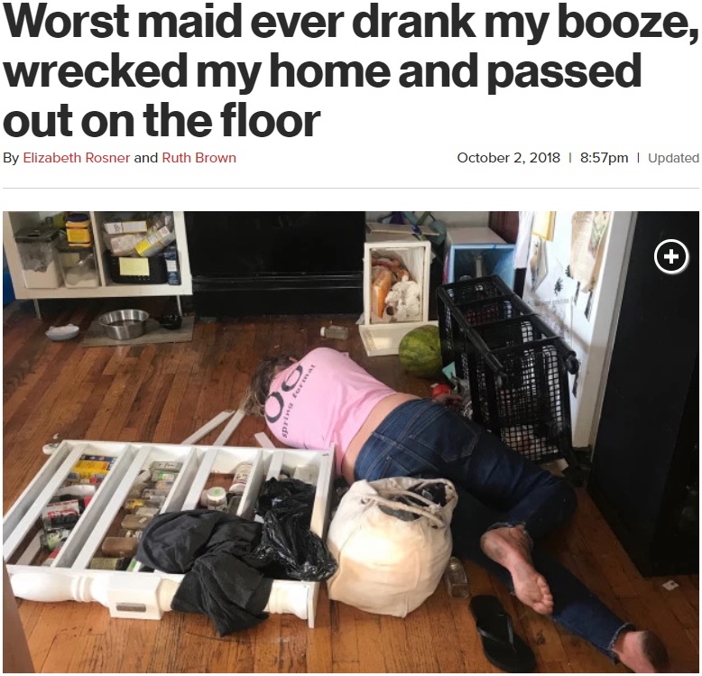 仕事もせず泥酔状態の家政婦（画像は『New York Post　2018年10月2日付「Worst maid ever drank my booze, wrecked my home and passed out on the floor」（Kristen Nepomuceno）』のスクリーンショット）