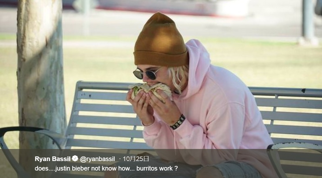 写真はジャスティン・ビーバーのそっくりさんだった（画像は『Ryan Bassil　2018年10月25日付Twitter「does....justin bieber not know how... burritos work ?」』のスクリーンショット）