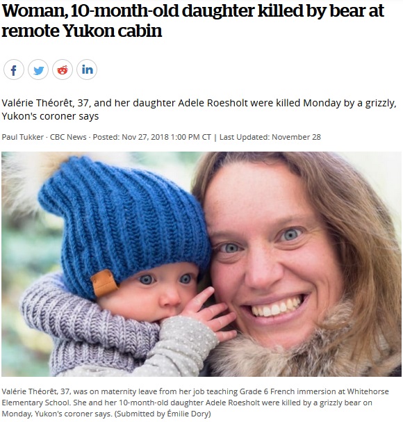 クマに襲われ死亡した母親と娘（画像は『CBC.ca　2018年11月27日付「Woman, 10-month-old daughter killed by bear at remote Yukon cabin」（Submitted by Émilie Dory）』のスクリーンショット）