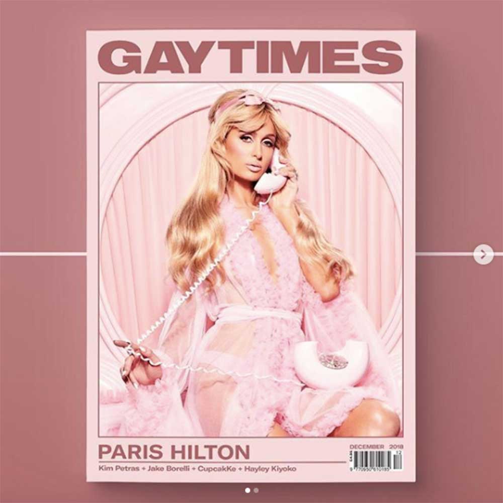 『GAY TIMES』の表紙を飾ったパリス・ヒルトン（画像は『GAY TIMES　2018年11月23日付Instagram「GAY TIMES DECEMBER 2018 PARIS HILTON in conversation with KIM PETRAS」』のスクリーンショット）