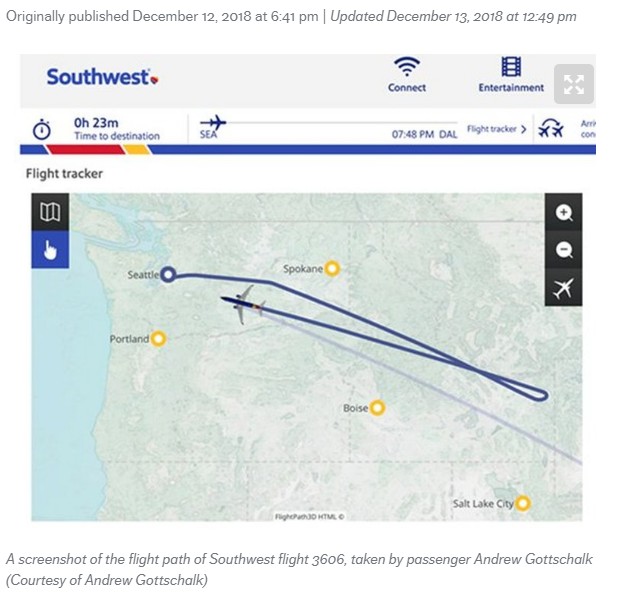 “心臓”を積んだままの旅客機、離陸後にUターン（画像は『The Seattle Times　2018年12月12日付「Dallas-bound flight returns to Seattle after human heart was left onboard」（Courtesy of Andrew Gottschalk）』のスクリーンショット）