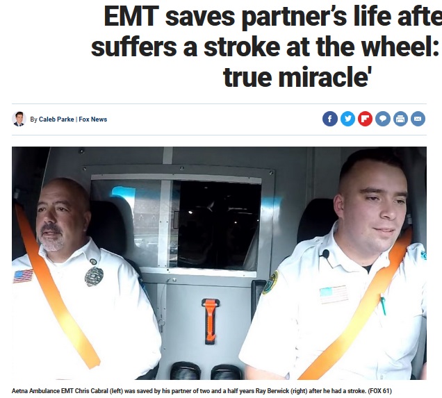 救急救命士（左）が勤務中、同僚（右）に命を救われる（画像は『Fox News　2018年12月1日付「EMT saves partner’s life after he suffers a stroke at the wheel: ‘It’s a true miracle’」（FOX 61）』のスクリーンショット）