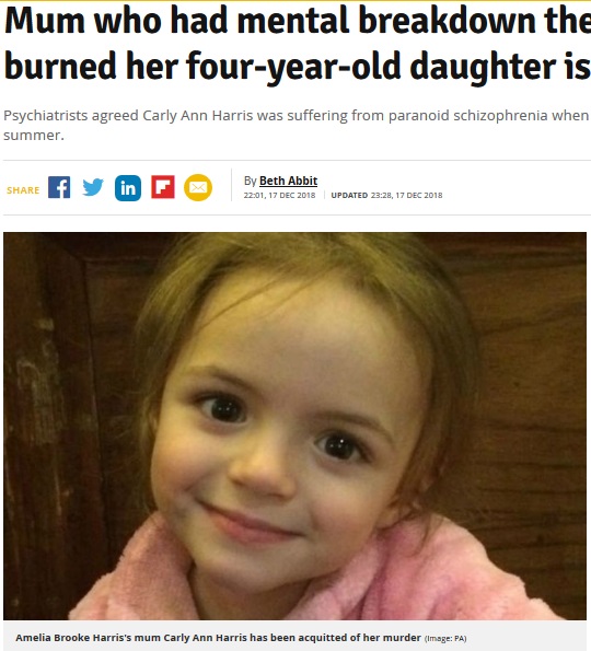 溺死した後、母親に火を放たれた4歳女児（画像は『Manchester Evening News　2018年12月17日付「Mum who had mental breakdown then drowned and burned her four-year-old daughter is found not guilty」（Image: PA）』のスクリーンショット）