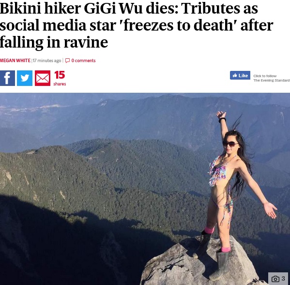 台湾の「ビキニ登山家」が事故死（画像は『London Evening Standard　2019年1月22日付「Bikini hiker GiGi Wu dies: Tributes as social media star ‘freezes to death’ after falling in ravine」』のスクリーンショット）