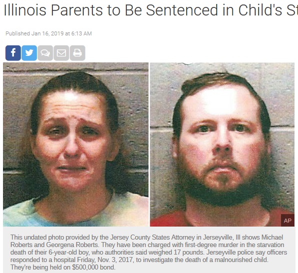 6歳男児を餓死させた実父と継母（画像は『NBC Chicago　2019年1月16日付「Illinois Parents to Be Sentenced in Child’s Starvation Death」（AP）』のスクリーンショット）