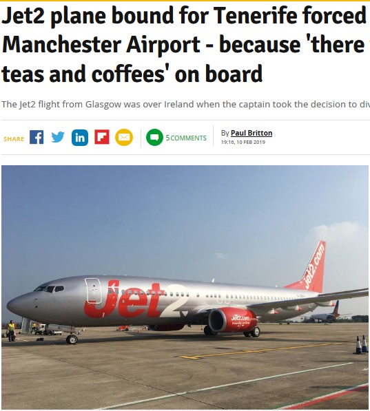 離陸するも機内の水が出なかったことから緊急着陸（画像は『Manchester Evening News　2019年2月10日付「Jet2 plane bound for Tenerife forced to land at Manchester Airport - because ‘there was no water for teas and coffees’ on board」（Image: Publicity Picture）』のスクリーンショット）