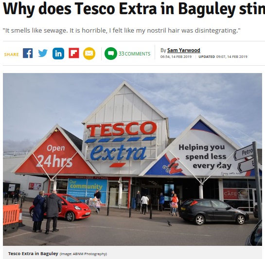 マンチェスターにある「TESCO Extra」内が悪臭に包まれる（画像は『Manchester Evening News　2019年2月14日付「Why does Tesco Extra in Baguley stink so bad?」（Image: ABNM Photography）』のスクリーンショット）