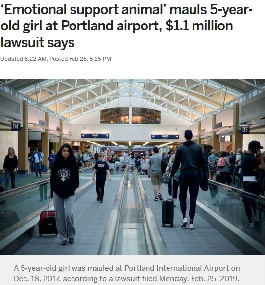 空港でセラピー犬に噛まれた女児の家族、飼い主や航空会社相手に訴訟を起こす（画像は『oregonlive.com　2019年2月26日付「‘Emotional support animal’ mauls 5-year-old girl at Portland airport, ＄1.1 million lawsuit says」』のスクリーンショット）
