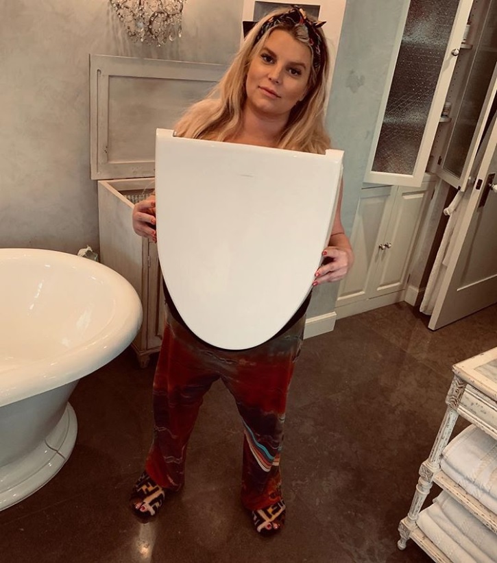 便器の蓋を持って思わず苦笑いのジェシカ（画像は『Jessica Simpson　2019年2月12日付Instagram「Warning...Don’t lean back on the toilet when pregnant」』のスクリーンショット）