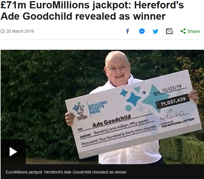 100億円超の宝くじに当選した男性（画像は『BBC News　2019年3月20日付「￡71m EuroMillions jackpot: Hereford’s Ade Goodchild revealed as winner」』のスクリーンショット）