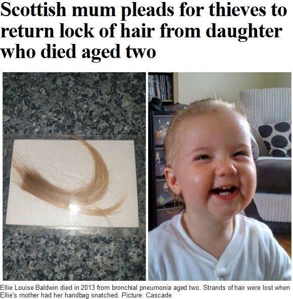 母親にとって形見となる娘の髪が盗まれる（画像は『The Scotsman　2019年3月24日「Scottish mum pleads for thieves to return lock of hair from daughter who died aged two」（Picture: Cascade）』のスクリーンショット）