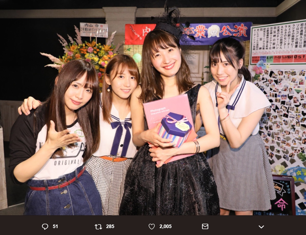 松村香織、大場美奈、内山命、荒井優希（画像は『SKE48支配人 湯浅洋　2019年5月31日付Twitter「松村が、、、本当に卒業したよね 笑」』のスクリーンショット）