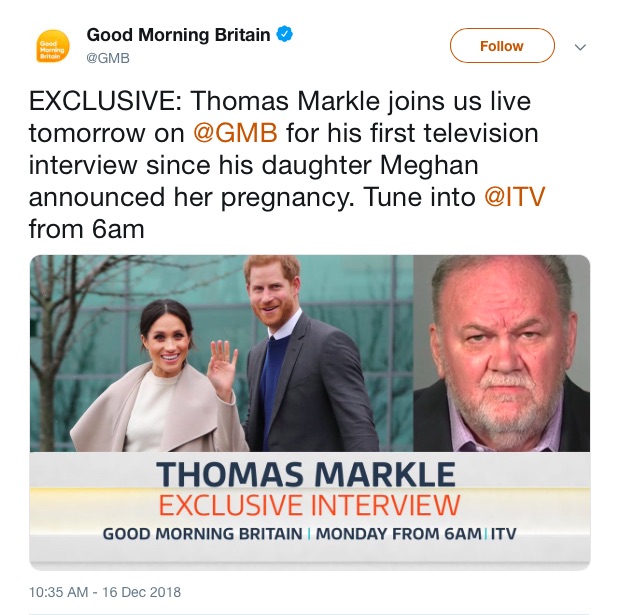 今も疎遠状態が続くヘンリー王子＆メーガン妃夫妻とトーマスさん（画像は『Good Morning Britain　2018年12月16日付Twitter「EXCLUSIVE: Thomas Markle joins us live tomorrow on ＠GMB for his first television interview since his daughter Meghan announced her pregnancy.」』のスクリーンショット）