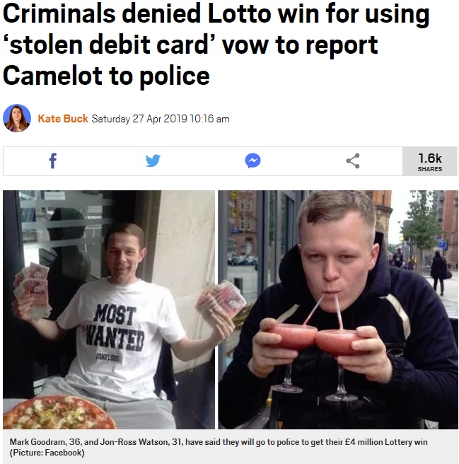 宝くじに当選し浮かれる2人だが…（画像は『Metro　2019年4月27日付「Criminals denied Lotto win for using ‘stolen debit card’ vow to report Camelot to police」（Picture: Facebook）』のスクリーンショット）