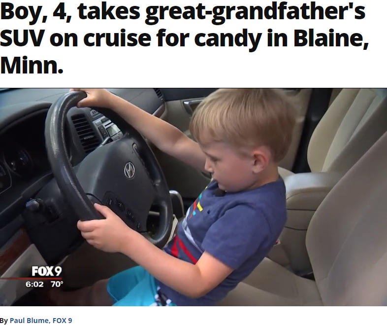 ガソリンスタンドまで車を運転した4歳児（画像は『FOX 9　2019年6月14日付「Boy, 4, takes great-grandfather’s SUV on cruise for candy in Blaine, Minn.」』のスクリーンショット）