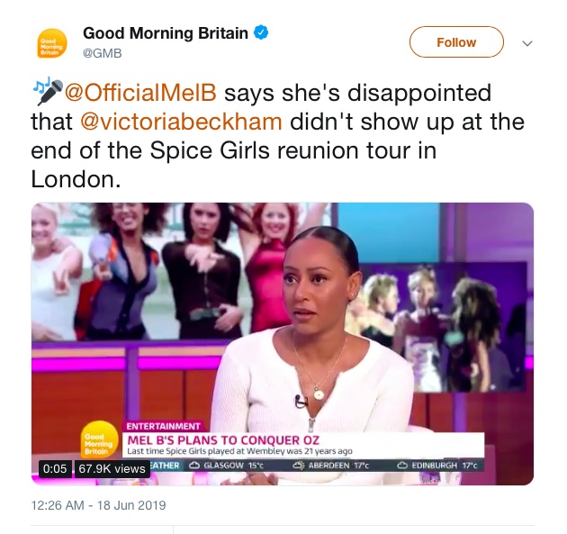 「顔だけでも見せに来てくれると思っていたのに」とメル・B（画像は『Good Morning Britain　2019年6月18日付Twitter「＠OfficialMelB says she’s disappointed that ＠victoriabeckham didn’t show up at the end of the Spice Girls reunion tour in London.」』のスクリーンショット）