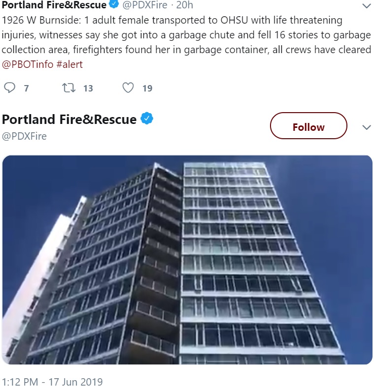 女性が約50メートル下に身を投げたマンション（画像は『Portland Fire＆Rescue　2019年6月17日付Twitter「1926 W Burnside: 1 adult female transported to OHSU with life threatening injuries, witnesses say she got into a garbage chute and fell 16 stories to garbage collection area, firefighters found her in garbage container, all crews have cleared ＠PBOTinfo ＃alert」』のスクリーンショット）