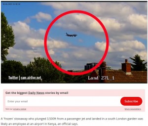 【海外発！Breaking News】ケニア航空機から凍結した遺体が落下、日光浴中の男性が巻き添え寸前に（英）