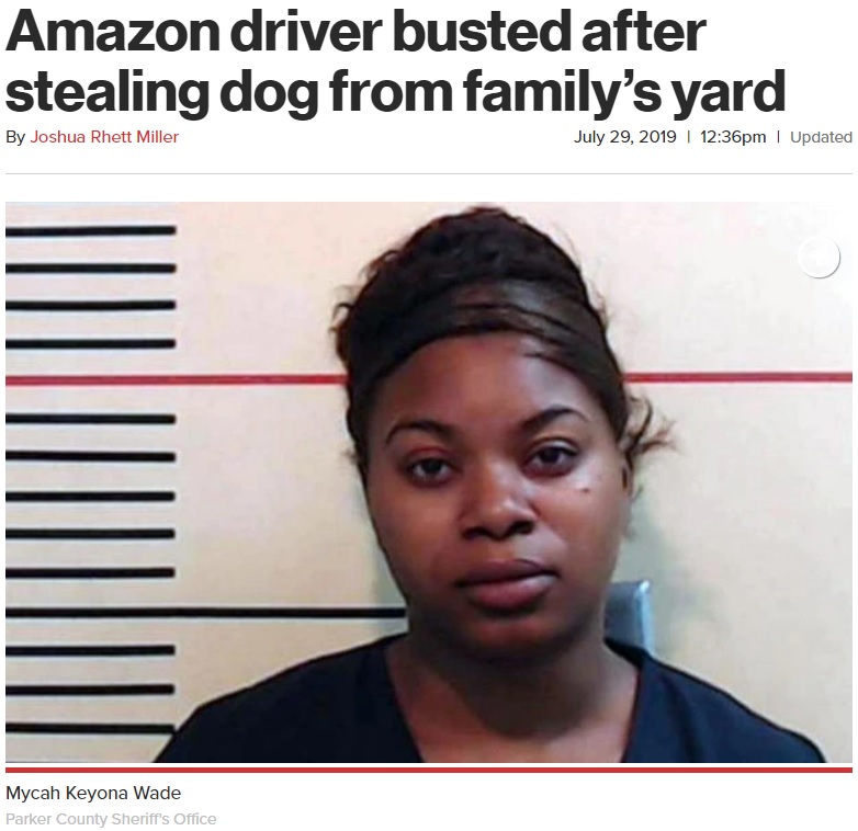 逮捕されたAmazon配達員の女（画像は『New York Post　2019年7月29日付「Amazon driver busted after stealing dog from family’s yard」（Parker County Sheriff’s Office）』のスクリーンショット）