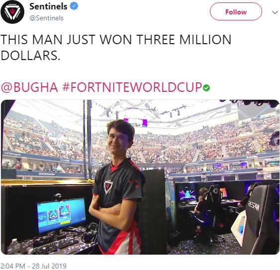 16歳でフォートナイト世界チャンピオンになった少年（画像は『Sentinels　2019年7月28日付Twitter「THIS MAN JUST WON THREE MILLION DOLLARS.」』のスクリーンショット）