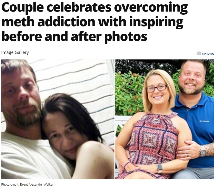 薬物に溺れていた頃（左）と現在の夫婦（画像は『Fox 35 Orlando　2019年8月6日付「Couple celebrates overcoming meth addiction with inspiring before and after photos」（Photo credit: Brent Alexander Walker）』のスクリーンショット）