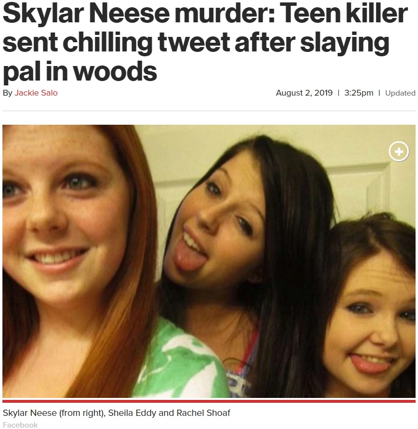 左端と中央の少女に殺害された右端の少女（画像は『New York Post　2019年8月2日付「Skylar Neese murder: Teen killer sent chilling tweet after slaying pal in woods」（Facebook）』のスクリーンショット）